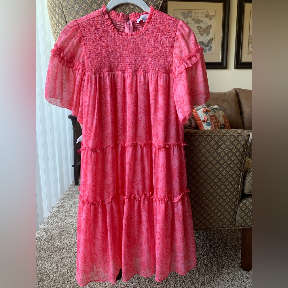 OlIVIACEOUS Pink Tiered Gauze Ruffle Smocked Babydoll Dress Lined Short Sleeves - Picture 3 of 10